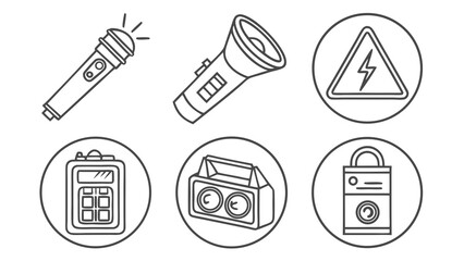 Vector art of flashlight, microphone, radio and electricity hazard sign isolated on white