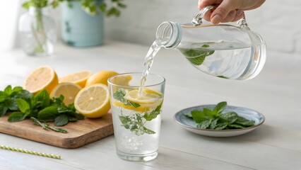 Refreshing Lemon and Mint Infused Water Being Poured from a Glass Pitcher into a Clear Glass for a Healthy Drink