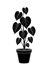 Obraz premium Black Silhouette Potted Houseplant with Heart-Shaped Leaves Vector Graphic Illustration Isolated on White Background