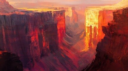 A stunning canyon landscape bathed in warm hues, showcasing dramatic cliffs and a picturesque valley under a colorful sky.