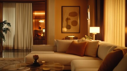 A cozy, stylish living room featuring warm lighting, modern decor, and a comfortable sofa adorned with accent pillows.