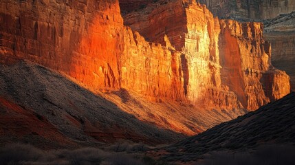 A stunning landscape featuring vibrant orange cliffs illuminated by sunlight, contrasting with shadowed valleys below.