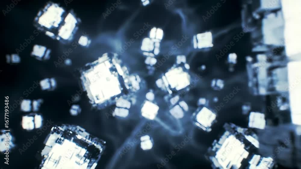 Poster abstract technology background with floating cubes, digital technology concept, abstract background,