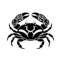 A silhouette of a crab with large claws. A stylized marine with tribal pattern.

