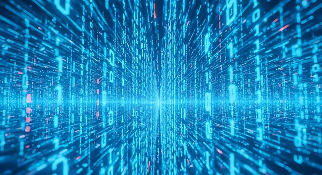 Abstract blue digital stream of binary code data flowing through a futuristic network