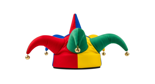 Colorful jester hat with jingle bells isolated on white background.