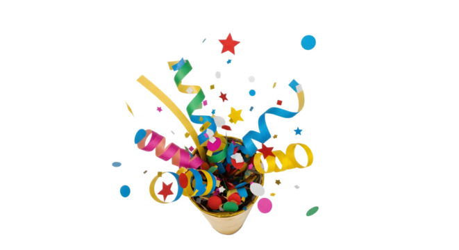 Colorful Party Streamers and Confetti Burst from Cup.