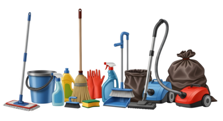 Comprehensive collection of household cleaning tools and supplies for a spotless environment.