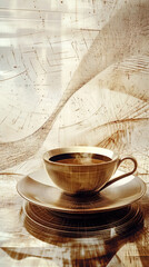 Coffee cups on beige artistic background