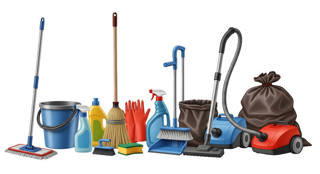 Comprehensive collection of household cleaning tools and supplies for a spotless environment.