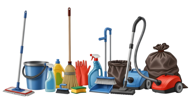 Comprehensive collection of household cleaning tools and supplies for a spotless environment.