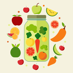 Vector art illustration of fresh fruits surrounding a glass filled with fruit juice