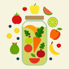 Vector art illustration of fresh fruits surrounding a glass filled with fruit juice