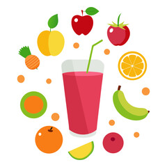 Vector art illustration of fresh fruits surrounding a glass filled with fruit juice