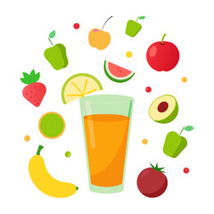 Vector art illustration of fresh fruits surrounding a glass filled with fruit juice