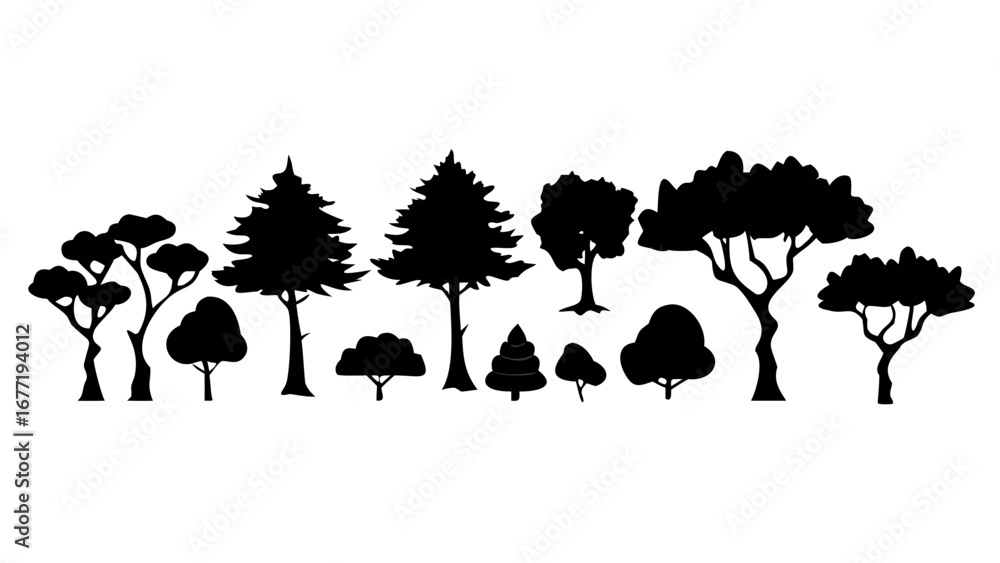 Poster silhouette of diverse trees including pine and deciduous trees in a forest landscape scene artfully 