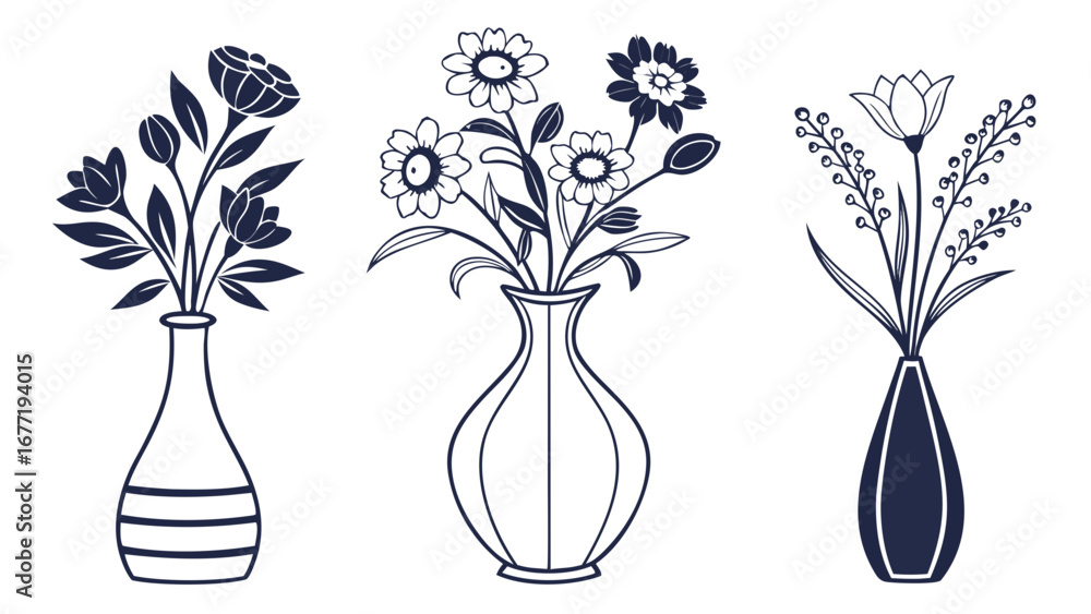 Poster three vases each holding a different flower arrangement in a black and white line drawing style crea