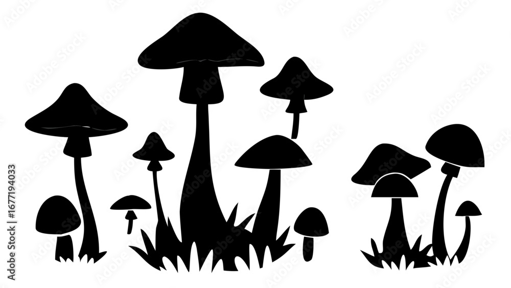 Poster silhouette illustration of a group of various mushrooms and grass in a black and white design style 