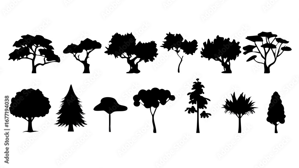 Poster silhouette collection featuring various tree types including pine palm and broadleaf trees in black 