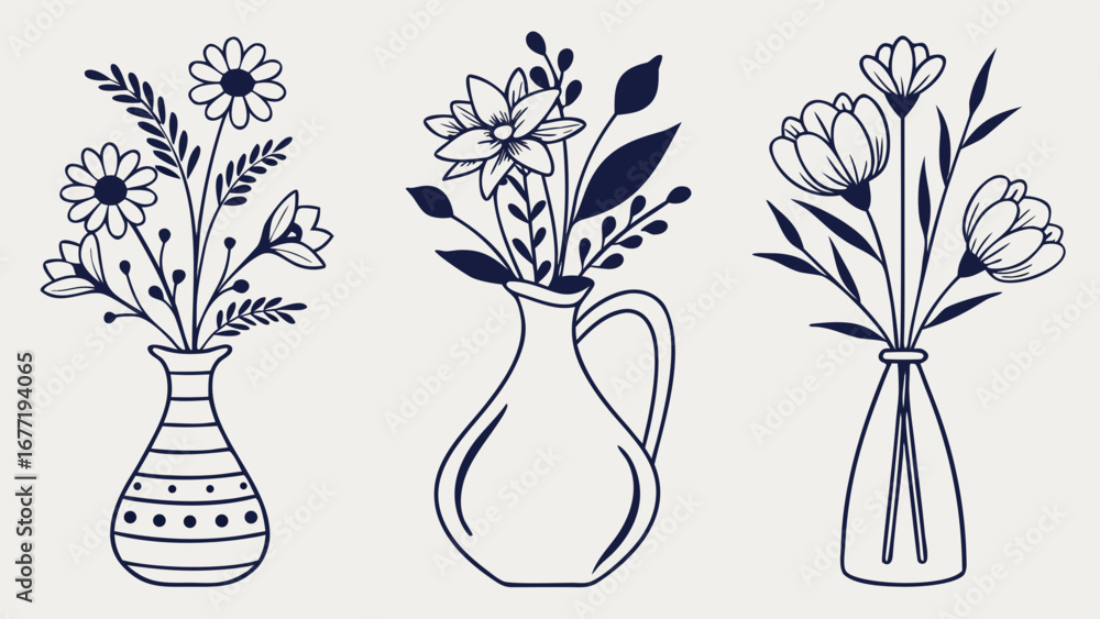 Poster three vases each holding a bouquet of flowers in a simple line art style isolated on white backgroun