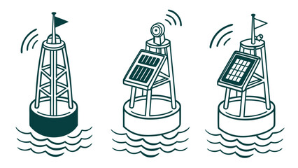 Vector art of set of buoys with solar panels in the sea