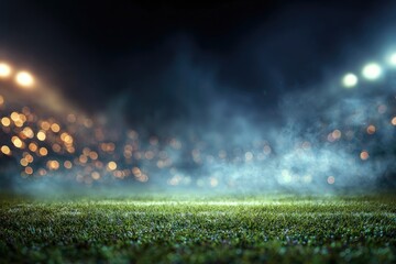Night stadium field with spotlights and fog