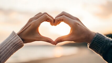 Obraz premium Hands Forming a Heart Shape Against a Soft Sunrise A Symbol of Love and Connection A Beautiful Moment
