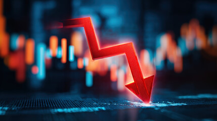 Close-up glowing red downward arrow graph on digital screen with blurred stock charts symbolizing financial loss and economic decline