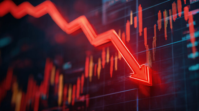 Close-up glowing red downward arrow graph on digital screen with blurred stock charts symbolizing financial loss and economic decline - Powered by Adobe