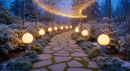 Enchanting Winter Wonderland Path Illuminated by Warm Lights