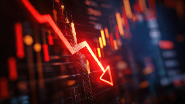Close-up glowing red downward arrow graph on digital screen with blurred stock charts symbolizing financial loss and economic decline