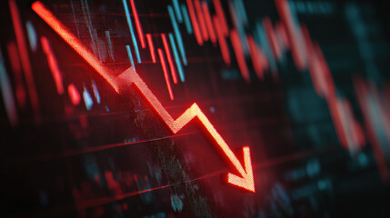 Close-up glowing red downward arrow graph on digital screen with blurred stock charts symbolizing financial loss and economic decline