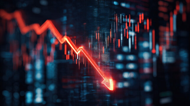 Close-up glowing red downward arrow graph on digital screen with blurred stock charts symbolizing financial loss and economic decline