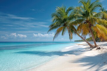 Tropical beach with palm trees under a vibrant sky (1)