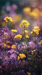Obraz premium Vibrant Wildflower Meadow with Yellow and Purple Blooms Creating Dreamy Spring Atmosphere