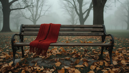 A red wool scarf draped over a wooden bench in a foggy autumn park