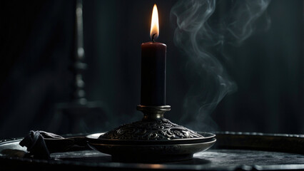 Black candle on a silver stand