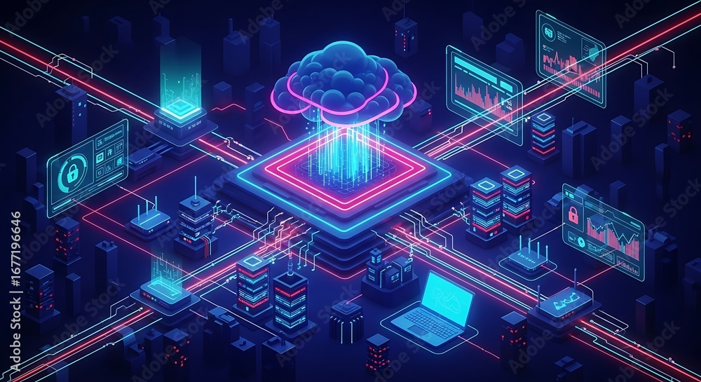 Poster futuristic digital network with glowing neon cloud and data streams connecting abstract geometric sh