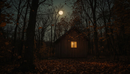 A small wooden cabin on the edge of an autumn forest under a full moon
