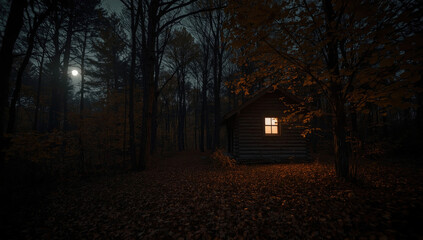 A small wooden cabin on the edge of an autumn forest under a full moon