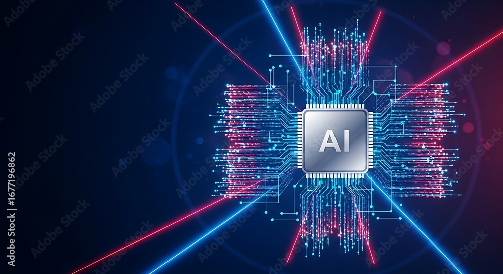 Fototapete futuristic ai processor chip with glowing blue and red circuit lines emanating outwards symbolizing 