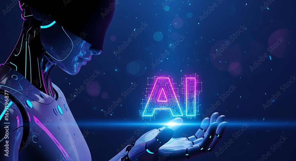 Fototapete futuristic robot holding glowing ai text in its hand with a dark blue background and digital particl