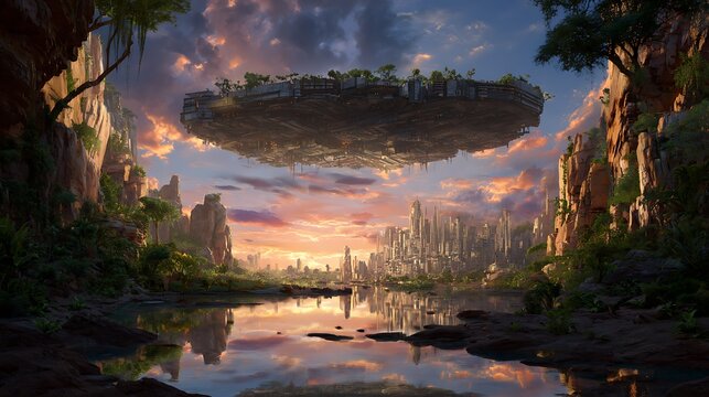 Fantasy landscape with floating island city and futuristic architecture digital art wallpaper hd background