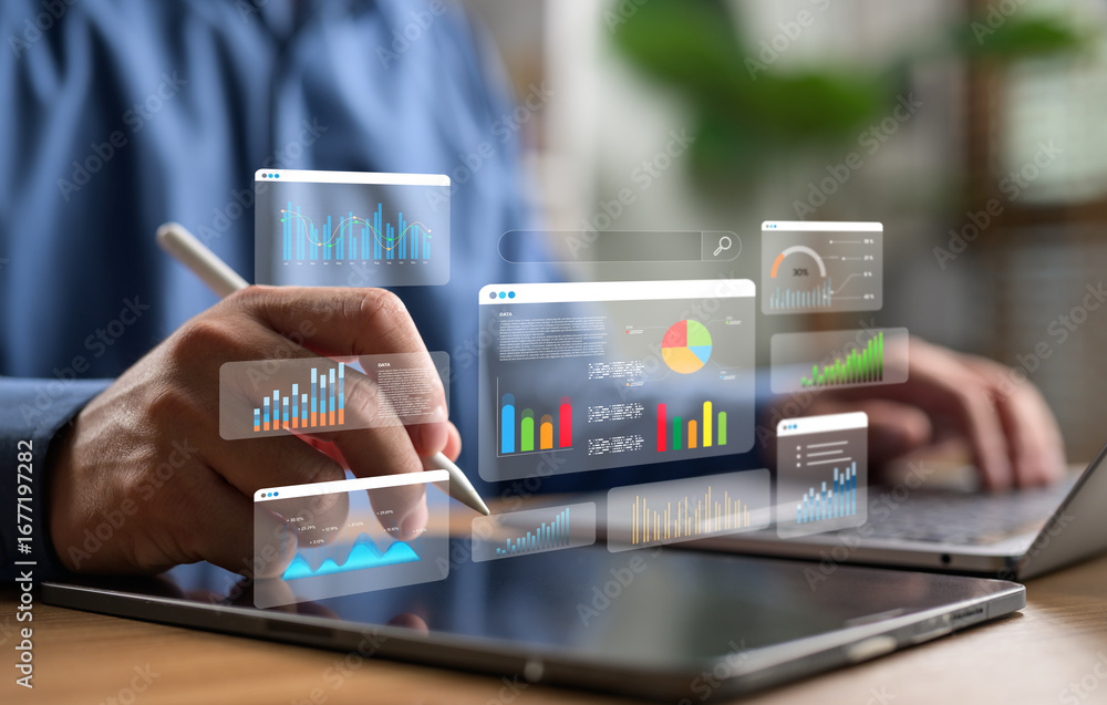 Poster businessman analyzing data on digital tablet with futuristic graphs and charts. concept of big data,