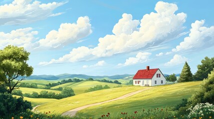 A serene countryside scene featuring a quaint white house with a red roof surrounded by lush green fields and vibrant flowers under a blue sky adorned with fluffy clouds.