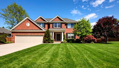 Obraz premium Beautiful brick house with lush green lawn with trees, and and blue sky Real estate dream.