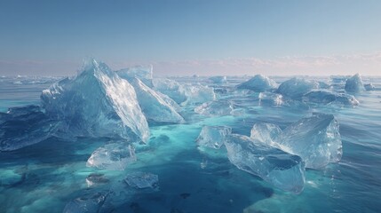 Minimal polar seascape with blue ice and frozen water expressing climate change and natural purity
