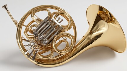 Fototapeta premium A beautifully crafted golden French horn showcasing its intricate design and craftsmanship, perfect for music lovers.