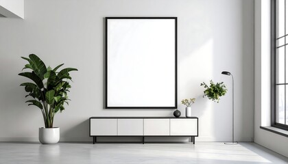 Blank Picture Frame Mockup in Modern Minimalist Living Room with Plant Decor.
