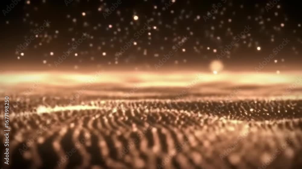 Poster abstract copper background with glowing particles, shimmering wave pattern and bokeh effect, suitabl